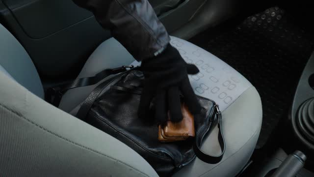 Panning High Angle Shot of Handbag and Purse Being Stolen from a Car Seat