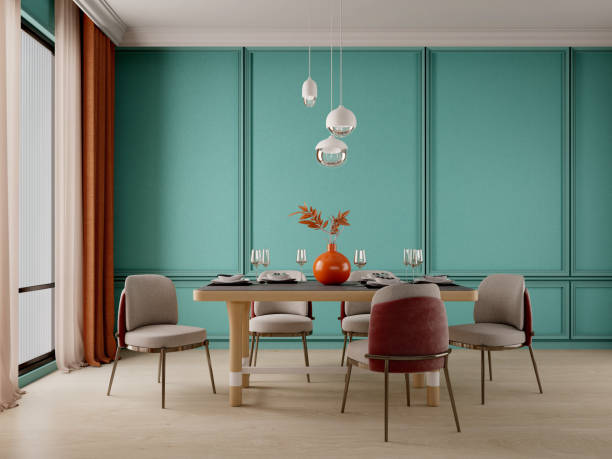 istock Dining room design with green wall,chairs,table,lamp and wooden floor.3d rendering 1316270786