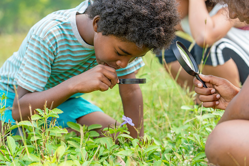 African American boy with friends in the grass exploring and looking nature with the magnifying glass.Education outdoor concept.