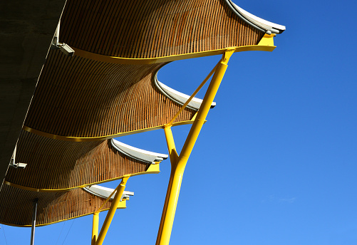 Madrid, Spain: Adolfo Suárez Madrid–Barajas Airport - roof architecture detail, Terminal 4, exterior, combination of steel and wood.
