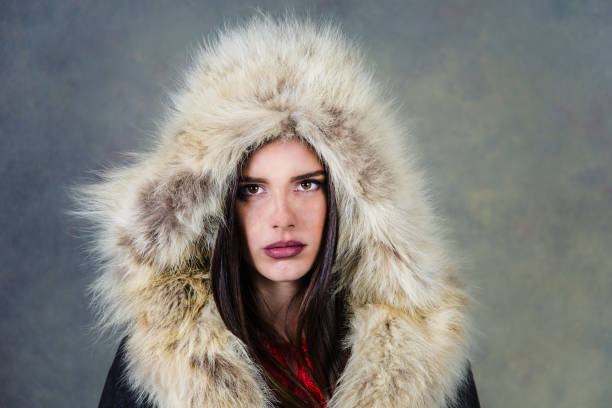 Portrait of girl with Eskimo coat stock photo