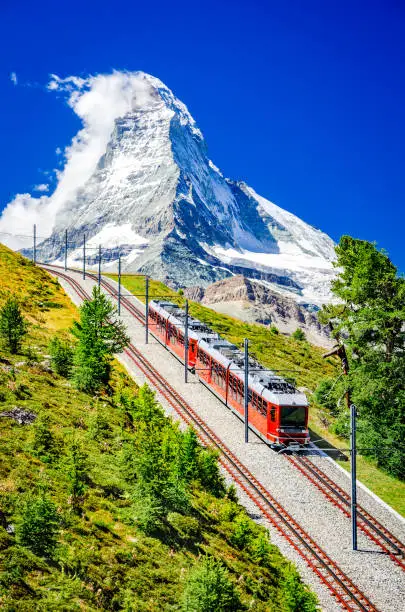 Matterhorn, Switzerland. Gornergratbahn long gauge mountain rack railway leading famous Zermatt up to the Gornergrat belleview.