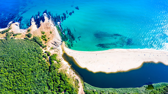 Sinemorets, Bulgaria. Aerial drone view of picturesque wild Veleka Beach at Black Sea coastline.