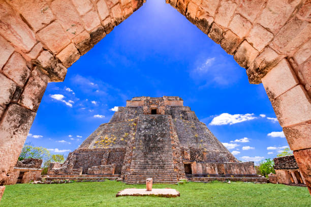 Uxmal, Mexico - Pyramid of the Magician, Maya Empire Uxmal, Pyramid of the Magician, pre-Hispanic ancient Maya city of the classical period in Mexico. uxmal stock pictures, royalty-free photos & images
