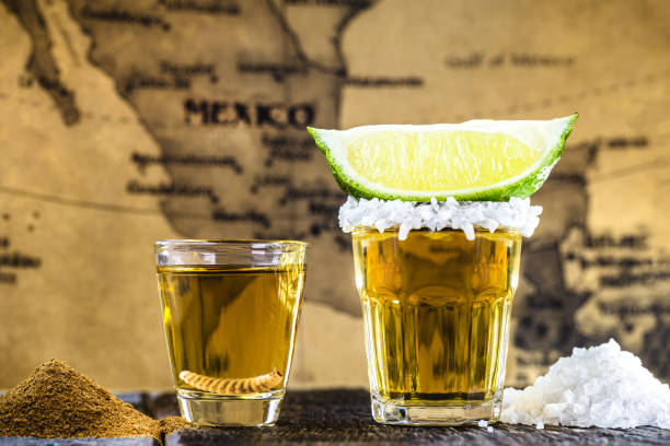 bevande tipiche messicane, mezcal con sale, pepe e larva accanto alla tequila con limone e sale, con mappa del messico sullo sfondo - tequila shot tequila salt lemon foto e immagini stock