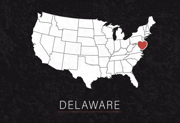 Vector illustration of Love Delaware Picture. Map of United States with Heart as City Point. Vector Stock Illustration