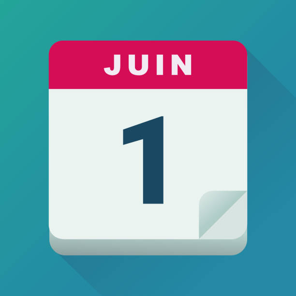 June 1 calendar in French (flat design) Calendar page to June 1st on a blue background with a shadow. june 1 stock illustrations