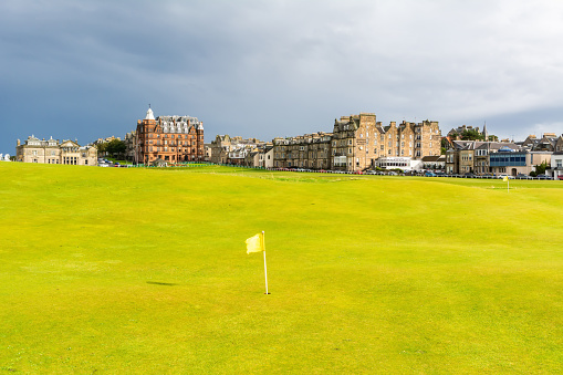 St Andrews, Scotland, United Kingdom - September 10, 2017. The Old Course at St Andrews, Scotland. View toward the R&A Clubhouse and Hamilton Grand building.