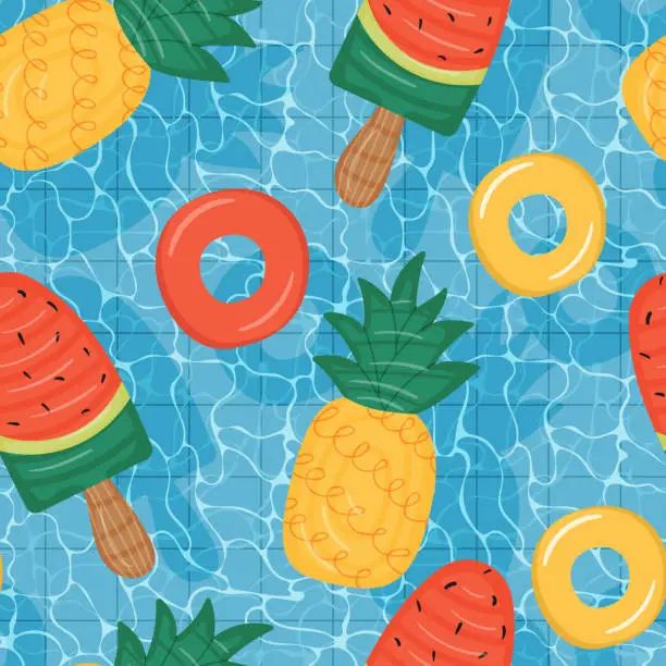 Vector illustration of Seamless pattern of pool with floating mattresses shaped like pineapple and watermelon.