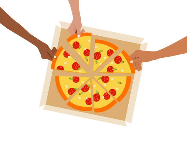 ludzie, którzy wspólnie zjedli kolację i podzielili się ogromną pizzą , daje widok z góry. ilustracja wektorowa. - pizza pizzeria friendship people stock illustrations