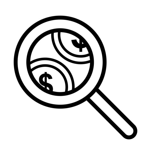 Magnifying glass with dollar outline icon illustration Magnifying glass with dollar outline icon illustration currency chasing discovery making money stock illustrations