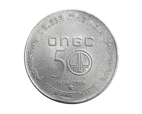 India fifty rupees coin on a white isolated background