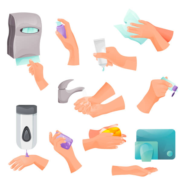 Hand washing and hand care set, vector icons Hand washing and hand care set. Vector icons of hands drying, disinfection and soaping. Personal hygiene, disease prevention or spread of viruses and germs. Disinfection and health care theme. paper towel stock illustrations