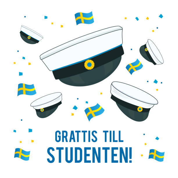 ilustrações de stock, clip art, desenhos animados e ícones de graduation cap with flag of sweden greeting card vector illustration. swedish translation: " congratulations on graduation! " - rutabaga