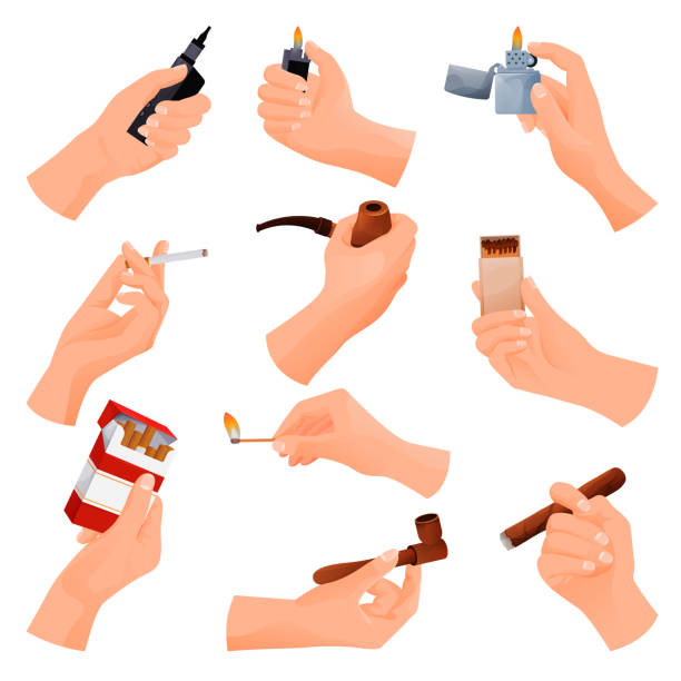 흡연 도구 세트, 흡연을위한 벡터 아이콘 - holding cigarette stock illustrations