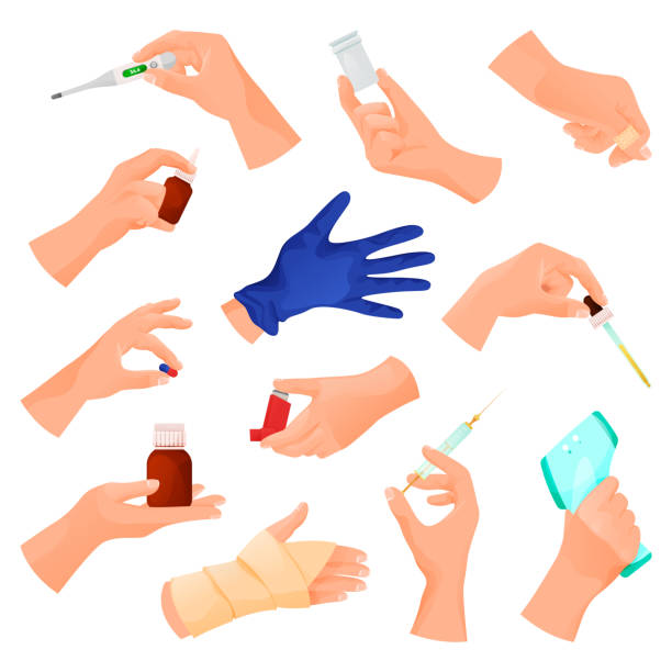 vektorsymbole der ersten hilfe oder behandlung - surgical glove human hand holding capsule stock-grafiken, -clipart, -cartoons und -symbole