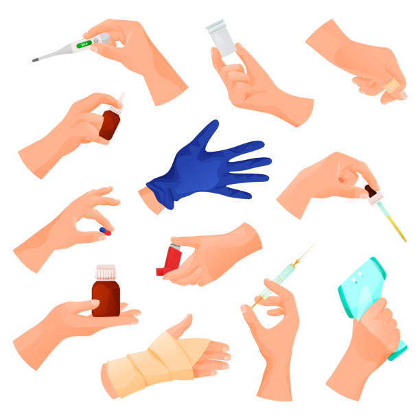 ikony wektorowe pierwszej pomocy lub leczenia - surgical glove human hand holding capsule stock illustrations