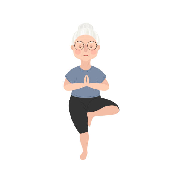 Cute old lady with wrinkles on her face and gray hair is doing yoga. A woman stands in the tree pose. Vector stock hand-drawn illustration isolated on a white background. Cute old lady with wrinkles on her face and gray hair is doing yoga. A woman stands in the tree pose. Vector stock hand-drawn illustration balance clipart stock illustrations