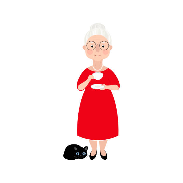 illustrations, cliparts, dessins animés et icônes de vieille dame mignonne avec des rides sur son visage et les cheveux blancs reste souriant et buvant le thé. une femme dans une robe rouge avec un chat. illustration main-dessinée de stock de vecteur d’isolement sur un fond blanc. - five oclock tea