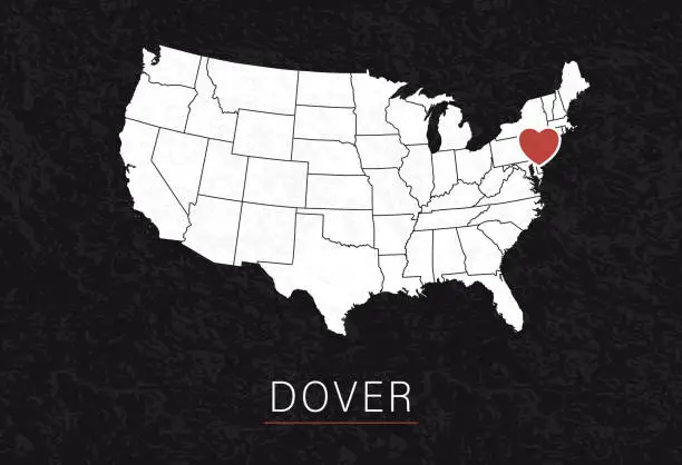 Vector illustration of Love Dover Picture. Map of United States with Heart as City Point. Vector Stock Illustration