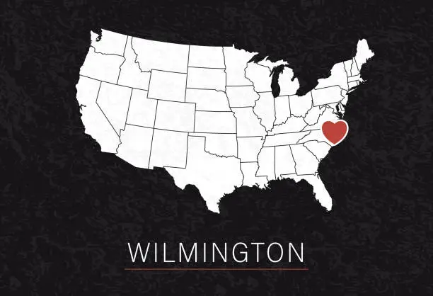 Vector illustration of Love Wilmington Picture. Map of United States with Heart as City Point. Vector Stock Illustration