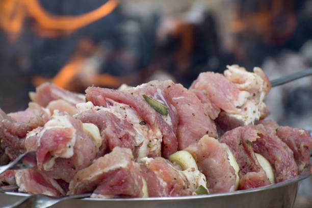Outdoor weekend. Cooking barbecue on coals. Shish kebab meat on skewers close-up.