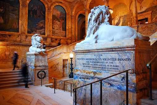 Boston, MA, USA February 5 Marble lions face each other in the ornate memorial to Civil War veterans in Boston
