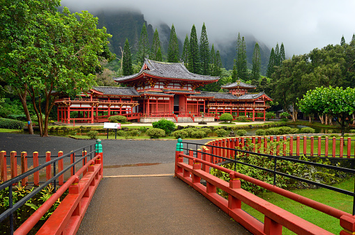 Kaneohe, HI, USA August 2 The beautiful Byodo-in Temple rests in a fog shrouded valley near Kaneohe, Hawaii