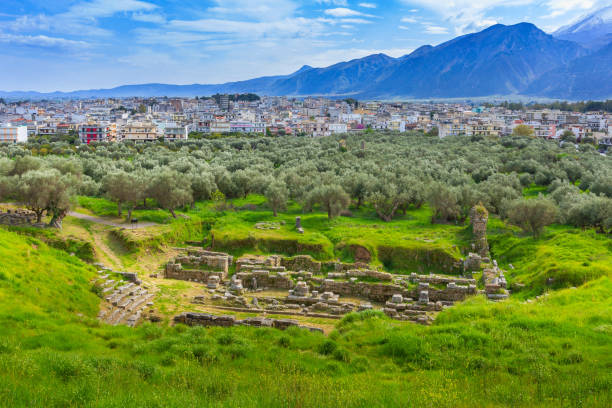 Aerial view of Sparta, Peloponnese, Greece Aerial panoramic view of Sparta city with Taygetus mountains and ancient ruins remains in Peloponnese, Greece sparta greece stock pictures, royalty-free photos & images