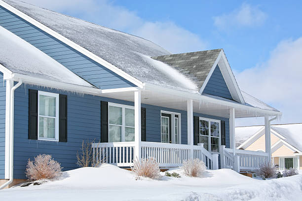 Winter Family Home A family home in the suburbs on a sunny winter day. house railing stock pictures, royalty-free photos & images