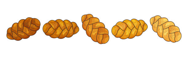 ikona wektora challah. wakacje żydowskie pleciony bochenek zestaw, chleb szabat. ilustracja żywności - hanukkah loaf of bread food bread stock illustrations
