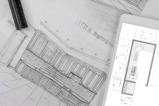 Architectural kitchen project makes a blueprint according to the custom kitchen design drawing