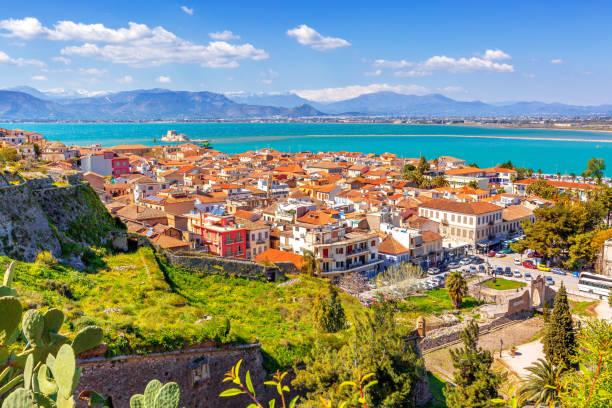 istock Nafplio, Greece aerial view, sea, snow mountains 1316289131