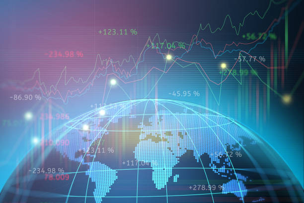 grafico di trading in borsa o forex con mondo mappa che rappresenta il concetto di business dei dati wire frame della linea di rete globale - economia foto e immagini stock