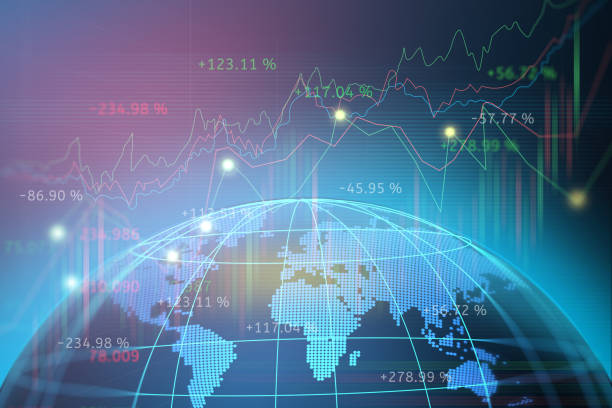 グローバルネットワークラインワイヤフレームデータビジネスコンセプトを表す地図世界を持つ株式市場または外国為替取引グラフ - financial occupation graph chart blue ストックフォトと画像