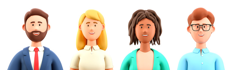 Ilustración en 3D de personas sonrientes cierran retratos. Lindos personajes de dibujos animados para hombres y mujeres, personajes multiétnicos masculinos y femeninos, aislados en blanco. photo