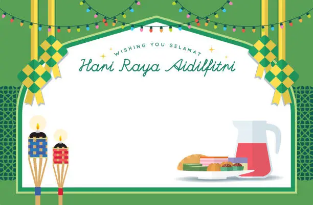 Vector illustration of Hari Raya Aidilfitri greeting template - Ketupat, pelita, malay food & drinks