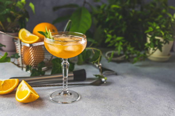 Champagne coupe glass of refreshing orange cocktail with ice served on gray table surface surround of orange fruit and different green plants stock photo