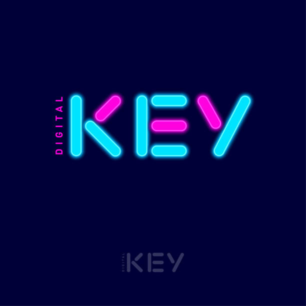 istock Digital Key emblem. Pink and Blue Neon elements. Neon letters isolated on a dark background. 1316299899