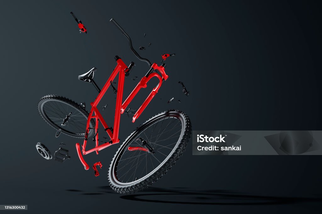 Red disassembled mountain bike hovering in the air Bicycle Stock Photo