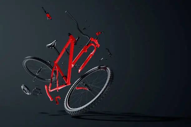 Red disassembled mountain bike hovering in the air