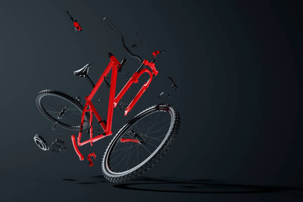 bicicleta de montanha desmontada vermelha pairando no ar - gear bicycle gear equipment sprocket - fotografias e filmes do acervo