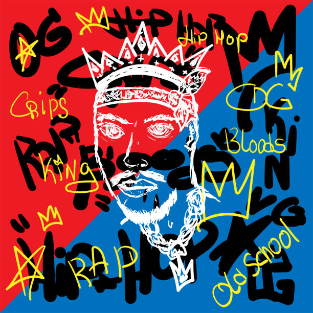 Sketch of bearded man with crown on abstract background with handwritten text. Hip-hop poster, rap print. Drawn by hand. Vector illustration. Sketch of bearded man with crown on abstract background with handwritten text. Hip-hop poster, rap print. Drawn by hand. Vector illustration. gangster rap stock illustrations