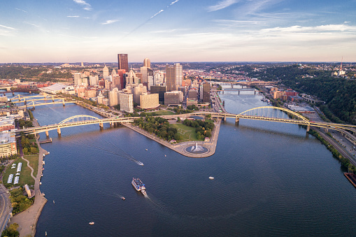 Aerial view of Pittsburgh, Pennsylvania. Business district Point State Park Allegheny Monongahela Ohio rivers in background. Cityscape.