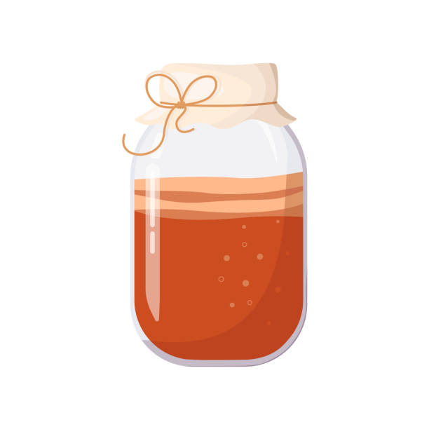 Kombucha in glass jar, covered with cloth, tied with rope Kombucha in glass jar, covered with cloth, tied with rope. Fermented probiotic homemade tea. Refreshing summer healthy drink. Super food, healthy cocktail. Vector illustration on white background kombucha jar stock illustrations