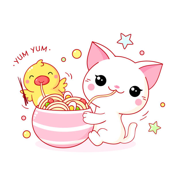 illustrazioni stock, clip art, cartoni animati e icone di tendenza di simpatico gatto bianco e anatra gialla mangiano noodles ramen - heat beautiful joy happiness