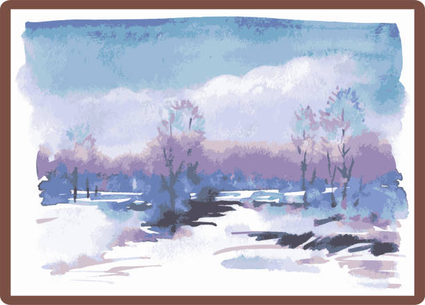 istock Vector watercolor illustration of winter landscape in picture frame 1316305980