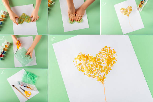 istock Collage DIY and kids creativity Step by step instruction: Drawing greeting card with golden heart using bubble pack. Children Craft for valentines, womens and mothers day. 1316306384