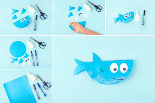 istock Collage DIY and kids creativity. Step by step instruction: making applique shark from paper. Children Craft workshop 1316306399