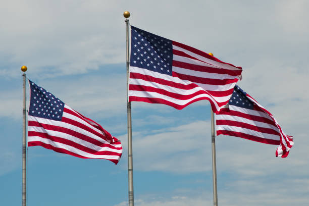 tre bandiere americane - us state flag national flag flag three objects foto e immagini stock